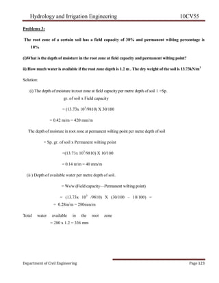 Hydrology and Irrigation Engineering 10CV55
Department of Civil Engineering Page 123
Problems 3:
The root zone of a certain soil has a field capacity of 30% and permanent wilting percentage is
10%
(i)What is the depth of moisture in the root zone at field capacity and permanent wilting point?
ii) How much water is available if the root zone depth is 1.2 m . The dry weight of the soil is 13.73kN/m3
Solution:
(i) The depth of moisture in root zone at field capacity per metre depth of soil 1 =Sp.
gr. of soil x Field capacity
= (13.73x 103
/9810) X 30/100
= 0.42 m/m = 420 mm/m
The depth of moisture in root zone at permanent wilting point per metre depth of soil
= Sp. gr. of soil x Permanent wilting point
=(13.73x 103
/9810) X 10/100
= 0.14 m/m = 40 mm/m
(ii ) Depth of available water per metre depth of soil.
= Ws/w (Field capacity—Permanent wilting point)
= (13.73x 103
/9810) X (30/100 – 10/100) =
= 0.28m/m = 280mm/m
Total water available in the root zone
= 280 x 1.2 = 336 mm
 