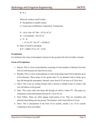 Hydrology and Irrigation Engineering 10CV55
Department of Civil Engineering, SJBIT Page 14
R= P- L
Where R= Surface runoff volume
P= Precipitation or rainfall volume
L= Losses due to Infiltration, Evaporation, Transpiration
P = 10.5x 150x 104
/ 100 = 157.5x 103
m3
R= 1.5x10x60x60 = 54x 103
m3
L = P – R
= 157.5x 103
- 54x 103
= 103500 m3
b) Ratio of runoff to precipitate
R/ P = 54000/ 157.5x 103
= 0.343
Precipitation
It is defined as the return of atmospheric moisture to the ground in the form of solids or liquids.
Forms of Precipitation
1. Drizzle- This is a form of precipitation consisting of water droplets of diameter less than
0.05 cm with intensity less than 0.01cm/ hour.
2. Rainfall- This is a form of precipitation of water drops larger than 0.05cm diameter up to
0.5cm diameter. Water drops of size greater than 0.5 cm diameter tend to break up as
they fall through the atmosphere. Intensity varies from 0.25 cm/ hour to 0.75cm/ hour.
3. Glaze- This is the ice coating formed when a drizzle or rainfall comes in contact with
very old objects on the ground
4. Sleet- This occurs when rain drops fall through air which is below 00
c. The grains are
transparent, round with diameter between 0.1 cm to 0.4 cm.
5. Snow Pellets- These are white opaque round grains of ice. They are crystalline and
rebound when falling onto the ground. The diameter varies from 0.05cm to 0.5cm.
6. Snow- This is precipitation in the form of ice crystals, usually a no. of ice crystals
combining to form snowflakes.
 