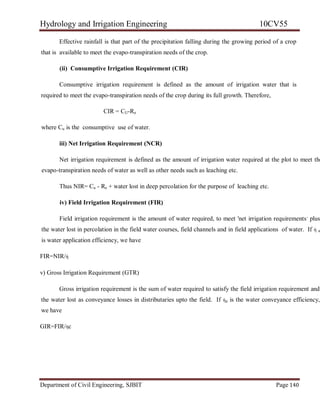 Hydrology and Irrigation Engineering 10CV55
Department of Civil Engineering, SJBIT Page 140
Effective rainfall is that part of the precipitation falling during the growing period of a crop
that is available to meet the evapo-transpiration needs of the crop.
(ii) Consumptive Irrigation Requirement (CIR)
Consumptive irrigation requirement is defined as the amount of irrigation water that is
required to meet the evapo-transpiration needs of the crop during its full growth. Therefore,
CIR = CU-Re
where Cu is the consumptive use of water.
iii) Net Irrigation Requirement (NCR)
Net irrigation requirement is defined as the amount of irrigation water required at the plot to meet the
evapo-transpiration needs of water as well as other needs such as leaching etc.
Thus NIR= Cu - Re + water lost in deep percolation for the purpose of leaching etc.
iv) Field Irrigation Requirement (FIR)
Field irrigation requirement is the amount of water required, to meet 'net irrigation requirements,
plus
the water lost in percolation in the field water courses, field channels and in field applications of water. If ὴ a
is water application efficiency, we have
FIR=NIR/ὴ
v) Gross Irrigation Requirement (GTR)
Gross irrigation requirement is the sum of water required to satisfy the field irrigation requirement and
the water lost as conveyance losses in distributaries upto the field. If ὴa is the water conveyance efficiency,
we have
GIR=FIR/ὴc
 
