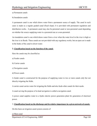 Hydrology and Irrigation Engineering 10CV55
Department of Civil Engineering, SJBIT Page 148
a) Permanent canals
b) Inundation canals
A permanent canal is one which draws water from a permanent source of supply. The canal in such
cases is made as a regular graded canal (fixed slope). It is provided with permanent regulation and
distribution works. A permanent canal may also be perennial canal or non-perennial canal depending
on whether the source supplying water is a perennial one or a non-perennial.
An inundation canal is one which draws water from a river when the water level in the river is high or
the river is in floods. These canals are not provided with any regulatory works, but an open cut is made
in the banks of the canal to divert water.
2. Classification based on the function of the canal:
Here the canals may be classified as
a) Feeder canals
b) Carrier canals
c) Navigation canals
d) Power canals
A feeder canal is constructed for the purpose of supplying water to two or more canals only but not
directly irrigating the fields.
A carrier canal carries water for irrigating the fields and also feeds other canals for their needs.
A canal serving the purpose of in-land navigation is called a navigation canal.
A power canal supplies water to a hydro electric power generation plant for generation of electrical
power.
3. Classification based on the discharge and its relative importance in a given network of canals:
On this basis an irrigation canal system consists of
a) Main canal
 