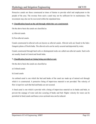 Hydrology and Irrigation Engineering 10CV55
Department of Civil Engineering, SJBIT Page 151
Protective canals are those constructed at times of famine to provide relief and employment to the
people of the area. The revenue from such a canal may not be sufficient for its maintenance. The
investment may also not be recovered within the stipulated time.
6. Classification based on the soil through which they are constructed:
On the above basis the canals are classified as
a) Alluvial canals
b) Non-alluvial canals.
Canals constructed in alluvial soils are known as alluvial canals. Alluvial soils are found in the Indo-
Gangetic plains of North India. The alluvial soils can be easily scoured and deposited by water.
Canals constructed through hard soils or disintegrated rocks are called non-alluvial canals. Such soils
are usually found in Central and South India.
7. Classification based on Lining being provided or not:
On the above basis the canals are classified as
a) Unlined canals
b) Lined canals
An unlined canal is one which the bed and banks of the canal are made up of natural soil through
which it is constructed. A protective lining of impervious material is not provided. The velocity of
flow is kept low such that bed and banks are not scoured.
A lined canal is one which is provide with a lining of impervious material on its banks and beds, to
prevent the seepage of water and also scouring of banks and bed. Higher velocity for water can be
permitted in lined canals and hence cross sectional area can be reduced.
 