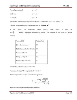 Hydrology and Irrigation Engineering 10CV55
Department of Civil Engineering, SJBIT Page 154
Coarse light sandy silt - c = 0.59
Sandy loan - c = 0.65
Coarse silt - c = 0.70
Note: Unless otherwise specified, values of c and n can be taken as c = 0.55 and n = 0.64
Thus, the equation for critical velocity becomes Vo = 0.55 m D 0.64
In this above, ‗m‘ represents critical velocity ratio which is given as
𝑚 =
V
Vo
Where, V represents mean velocity of flow. The value of ‗m‘ also varies with the silt
material
Note: Unless, otherwise specified m = 1.0
The mean velocity of flow is given by 𝑉 = 𝐶√𝑅 𝑆
Where C represents Chezzy‘s constant and is given by
𝐶 =
23 +
1
N
+
0.0015
S
1 + (23 +
0.0015
S
)
N
√R
Where N represents Kutter‘s Rugosity coefficient,
Types of Silt Value of ‗m‘
Silt of Indus rivers 0.7
Light Sandy silt of north India 1.0
Coarse-sandy silt 1.1
Sandy, Loamy silt 1.2
Coarse silt of hard rock 1.3
 