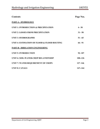 Hydrology and Irrigation Engineering 10CV55
Department of Civil Engineering, SJBIT Page 3
Contents Page Nos.
PART-A - HYDROLOGY
UNIT 1: INTRODUCTION & PRECIPITATION 4 - 30
UNIT 2: LOSSES FROM PRECIPITATION 31 - 50
UNIT 3: HYDROGRAPHS 51 - 65
UNIT 4: ESTIMATION OF FLOOD & FLOOD ROUTING 66 - 91
PART-B - IRRIGATION ENGINEERING
UNIT 5: INTRODUCTION 92- 107
UNIT 6: SOIL-WATER-CROP RELATIONSHIP 108--126
UNIT 7: WATER REQUIREMENT OF CROPS 127 -146
UNIT 8: CANALS 147--164
 