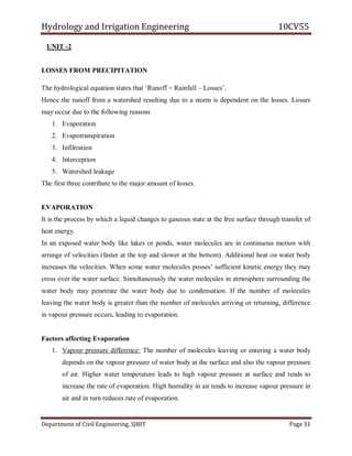 Hydrology and Irrigation Engineering 10CV55
Department of Civil Engineering, SJBIT Page 31
UNIT -2
LOSSES FROM PRECIPITATION
The hydrological equation states that ‗Runoff = Rainfall – Losses‘.
Hence the runoff from a watershed resulting due to a storm is dependent on the losses. Losses
may occur due to the following reasons
1. Evaporation
2. Evapotranspiration
3. Infiltration
4. Interception
5. Watershed leakage
The first three contribute to the major amount of losses.
EVAPORATION
It is the process by which a liquid changes to gaseous state at the free surface through transfer of
heat energy.
In an exposed water body like lakes or ponds, water molecules are in continuous motion with
arrange of velocities (faster at the top and slower at the bottom). Additional heat on water body
increases the velocities. When some water molecules posses‘ sufficient kinetic energy they may
cross over the water surface. Simultaneously the water molecules in atmosphere surrounding the
water body may penetrate the water body due to condensation. If the number of molecules
leaving the water body is greater than the number of molecules arriving or returning, difference
in vapour pressure occurs, leading to evaporation.
Factors affecting Evaporation
1. Vapour pressure difference: The number of molecules leaving or entering a water body
depends on the vapour pressure of water body at the surface and also the vapour pressure
of air. Higher water temperature leads to high vapour pressure at surface and tends to
increase the rate of evaporation. High humidity in air tends to increase vapour pressure in
air and in turn reduces rate of evaporation.
 