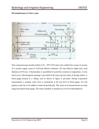 Hydrology and Irrigation Engineering 10CV55
Department of Civil Engineering, SJBIT Page 34
ISI standard pan or Class A pan
This evaporation pan should confirm to IS – 5973:1976 and is also called Class A pan. It consists
of a circular copper vessel of 1220 mm effective diameter, 255 mm effective depth and a wall
thickness of 0.9 mm. A thermometer is assembled to record the variation in temperature. A wire
mesh cover with hexagonal openings is provided at the top to prevent entry of foreign matter. A
fixed gauge housed in a stilling well as shown in figure is provided. During evaporation
measurement a constant water level is maintained at the top level of fixed gauge. For this
purpose water has to be added or removed periodically. The water level measurements are done
using micrometer hook gauge. The entire assembly is mounted on a level wooden platform.
 