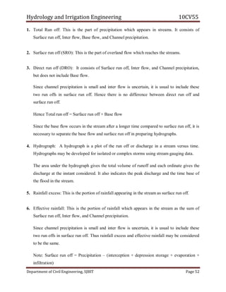 Hydrology and Irrigation Engineering 10CV55
Department of Civil Engineering, SJBIT Page 52
1. Total Run off: This is the part of precipitation which appears in streams. It consists of
Surface run off, Inter flow, Base flow, and Channel precipitation.
2. Surface run off (SRO): This is the part of overland flow which reaches the streams.
3. Direct run off (DRO): It consists of Surface run off, Inter flow, and Channel precipitation,
but does not include Base flow.
Since channel precipitation is small and inter flow is uncertain, it is usual to include these
two run offs in surface run off. Hence there is no difference between direct run off and
surface run off.
Hence Total run off = Surface run off + Base flow
Since the base flow occurs in the stream after a longer time compared to surface run off, it is
necessary to separate the base flow and surface run off in preparing hydrographs.
4. Hydrograph: A hydrograph is a plot of the run off or discharge in a stream versus time.
Hydrographs may be developed for isolated or complex storms using stream gauging data.
The area under the hydrograph gives the total volume of runoff and each ordinate gives the
discharge at the instant considered. It also indicates the peak discharge and the time base of
the flood in the stream.
5. Rainfall excess: This is the portion of rainfall appearing in the stream as surface run off.
6. Effective rainfall: This is the portion of rainfall which appears in the stream as the sum of
Surface run off, Inter flow, and Channel precipitation.
Since channel precipitation is small and inter flow is uncertain, it is usual to include these
two run offs in surface run off. Thus rainfall excess and effective rainfall may be considered
to be the same.
Note: Surface run off = Precipitation – (interception + depression storage + evaporation +
infiltration)
 