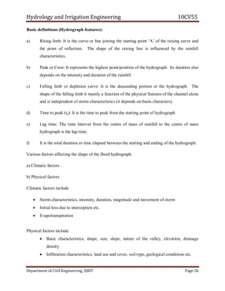 Hydrology and Irrigation Engineering 10CV55
Department of Civil Engineering, SJBIT Page 56
Basic definitions (Hydrograph features):
a) Rising limb: It is the curve or line joining the starting point ‗A‘ of the raising curve and
the point of reflection. The shape of the raising line is influenced by the rainfall
characteristics.
b) Peak or Crest: It represents the highest point/position of the hydrograph. Its duration also
depends on the intensity and duration of the rainfall.
c) Falling limb or depletion curve: It is the descending portion or the hydrograph. The
shape of the falling limb it mainly a function of the physical features of the channel alone
and is independent of storm characteristics (it depends on basin characters).
d) Time to peak (tp): It is the time to peak from the starting point of hydrograph
e) Lag time: The time interval from the centre of mass of rainfall to the centre of mass
hydrograph is the lag-time.
f) It is the total duration or time elapsed between the starting and ending of the hydrograph.
Various factors affecting the shape of the flood hydrograph:
a) Climatic factors
b) Physical factors
Climatic factors include
 Storm characteristics, intensity, duration, magnitude and movement of storm
 Initial loss due to interception etc.
 Evapotranspiration
Physical factors include
 Basic characteristics, shape, size, slope, nature of the valley, elevation, drainage
density
 Infiltration characteristics, land use and cover, soil type, geological conditions etc.
 