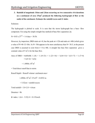 Hydrology and Irrigation Engineering 10CV55
Department of Civil Engineering, SJBIT Page 64
3. Rainfall of magnitude 3.8cm and 2.8cm occurring on two consecutive 4-h durations
on a catchment of area 27km2
produced the following hydrograph of flow at the
outlet of the catchment. Estimate the rainfall excess and ∅- index
Solutions:
The hydrograph is plotted to scale. It is seen that the storm hydrograph has a base- flow
component. For using the simple straight line method of base flow separation ,by
N= 0.83 x 270.2
= 1.6 days = 38.5h
However, by inspection, DRH starts at t=0, has the peak at t=12h and ends at t=48h (which gives
a value of N=48-12=36h. As N= 36h appears to be more satisfactory than N= 38.5, in the present
case DRH is assumed to exist from t= 0 to 48h. A straight line base flow separation gives a
constant value of 5 m3
/s for the base flow.
Area of DRH = 6x60x60( ½ (8) + ½ (8+21) + ½ (21+16) + ½(16+11)+ ½(11+7) + ½ (7+4)
+½(4+2)+ ½(2))
= 1.4904x 106
m3
= Total direct runoff due to storm
Runoff depth = Runoff volume/ catchment area=
1.4904x 106
m3
/ 27x106
= 0.0552 m
= 5.52cm = rainfall excess
Total rainfall = 3.8+2.8 = 6.6cm
Duration = 8h
∅- index = (6.6 – 5.52)/ 8 = 0.135cm/h
 