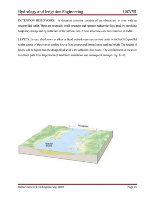 Hydrology and Irrigation Engineering 10CV55
Department of Civil Engineering, SJBIT Page 85
DETENTION RESERVOIRS: A detention reservoir consists of an obstruction to river with an
uncontrolled outlet. These are essentially small structures and operate t reduce the flood peak by providing
temporary storage and by restriction ofthe outflow rate. These structures are not common in India.
LEVEES: Levees, also known as dikes or flood embankments are earthen banks CONSTRUCTED parallel
to the course of the river to confine it to a fixed course and limited cross-sectional width. The heights of
levees will be higher than the design flood level with sufficient free board. The confinement of the river
to a fixed path frees large tracts of land from inundation and consequent damage (Fig. 8.16).
 