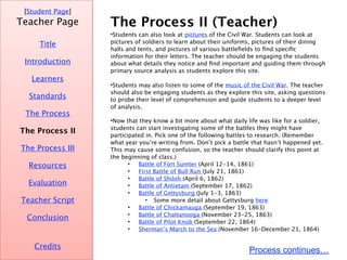 The Process II (Teacher) [ Student Page ] Title Credits Teacher Page Students can also look at  pictures  of the Civil War. Students can look at pictures of soldiers to learn about their uniforms, pictures of their dining halls and tents, and pictures of various battlefields to find specific information for their letters. The teacher should be engaging the students about what details they notice and find important and guiding them through primary source analysis as students explore this site.  Students may also listen to some of the  music of the Civil War . The teacher should also be engaging students as they explore this site, asking questions to probe their level of comprehension and guide students to a deeper level of analysis.  Now that they know a bit more about what daily life was like for a soldier, students can start investigating some of the battles they might have participated in. Pick one of the following battles to research. (Remember what year you’re writing from. Don’t pick a battle that hasn’t happened yet. This may cause some confusion, so the teacher should clarify this point at the beginning of class.)  Battle of Fort Sumter  (April 12-14, 1861)  First Battle of Bull Run  (July 21, 1861) Battle of Shiloh  (April 6, 1862) Battle of  Antietam  (September 17, 1862) Battle of Gettysburg  (July 1-3, 1863) Some more detail about Gettysburg  here Battle of Chickamauga  (September 19, 1863) Battle of Chattanooga  (November 23-25, 1863) Battle of Pilot Knob  (September 22, 1864)  Sherman’s March to the Sea  (November 16-December 21, 1864) Process continues… Introduction Learners Standards The Process The Process II The Process III Resources Evaluation Teacher Script Conclusion 