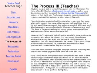 The Process III (Teacher) [ Student Page ] Title Credits Teacher Page Students can also look at some of the previous sites for information. The Home of the Civil War has  official records for each battle  as well as some descriptions, and they can search the  Selected Civil War Photographs  for pictures of their battle site. Teachers can also point students to additional resources such as their textbooks or other books if they wish.  Some information students should consider when researching their battle: where did it happen? How many soldiers were on each side? What time of the year was it? How many people died and were wounded? Which side won? What happened as a result of the battle? What types of weapons were used? (The Battle of Gettysburg website has a good section on weaponry.) Who was in command? What was the landscape like? Now that they’re experts on daily life and on a Civil War battle, students are prepared to write a letter back home. First, they should think about to whom you’re writing their letter. Your parents? A sibling? Your wife? A sweetheart? Your best friend? How would the contents of your letter change according to your audience? The teacher may want to discuss these questions with students before they write the letter.  Their final letter should be two pages; one page should be explaining their daily life and another page should be about the battle their saw.  They should include enough detail about daily life and their battle to paint a convincing picture to their reader back home, but the letter should not simply be a list of facts. Their letter should tell a story and should talk about the events as if the student was actually experiencing them. What emotions are they feeling? What do they hope for? What do they wish to change? The teacher may also wish to discuss these questions with students before they write their letters.  If they wish, the teacher can brainstorm with students about answers to these questions during class. Introduction Learners Standards The Process The Process II The Process III Resources Evaluation Teacher Script Conclusion 