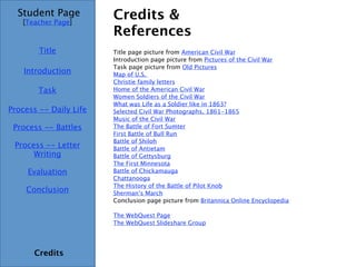Credits & References Student Page Title Introduction Task Process Evaluation Conclusion Credits [ Teacher Page ] Title page picture from  American Civil War Introduction page picture from  Pictures of the Civil War Task page picture from  Old Pictures Map of U.S.  Christie family letters Home of the American Civil War Women Soldiers of the Civil War What   was Life as a Soldier like in 1863? Selected Civil War Photographs, 1861-1865 Music of the Civil War The Battle of Fort Sumter First Battle of Bull Run Battle of Shiloh Battle of   Antietam Battle of Gettysburg The First Minnesota Battle of Chickamauga Chattanooga The History of the Battle of Pilot Knob Sherman’s March Conclusion page picture from  Britannica Online Encyclopedia The  WebQuest  Page The  WebQuest Slideshare  Group 