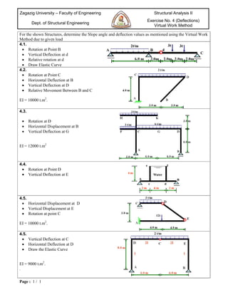 Zagazig University – Faculty of Engineering                                  Structural Analysis II
                                                                         Exercise No. 4 (Deflections)
        Dept. of Structural Engineering
                                                                            Virtual Work Method

For the shown Structures, determine the Slope angle and deflection values as mentioned using the Virtual Work
Method due to given load
4.1.
  Rotation at Point B
  Vertical Deflection at d
  Relative rotation at d
  Draw Elastic Curve
4.2.
  Rotation at Point C
  Horizontal Deflection at B
  Vertical Deflection at D
  Relative Movement Between B and C

EI = 10000 t.m2.

4.3.

      Rotation at D
      Horizontal Displacement at B
      Vertical Deflection at G


EI = 12000 t.m2



4.4.
  Rotation at Point D
  Vertical Deflection at E




4.5.
  Horizontal Displacement at D
  Vertical Displacement at E
  Rotation at point C

EI = 10000 t.m2.

4.5.
  Vertical Deflection at C
  Horizontal Deflection at D
  Draw the Elastic Curve


EI = 9000 t.m2.
.


Page : 1 / 1
 