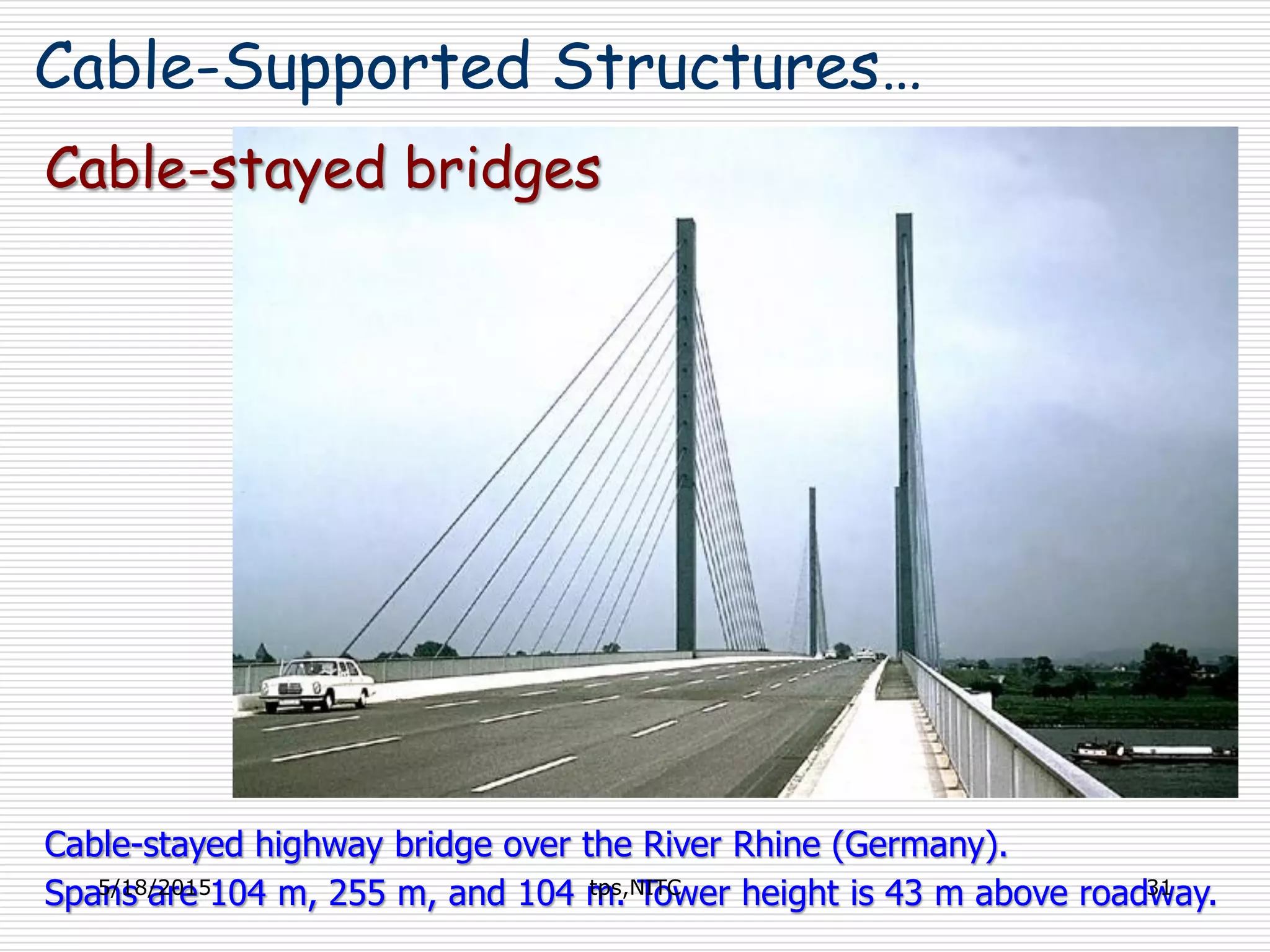 Cable-stayed bridges
Cable-stayed highway bridge over the River Rhine (Germany).
Spans are 104 m, 255 m, and 104 m. Tower height is 43 m above roadway.
Cable-Supported Structures…
5/18/2015 31tps,NITC
 