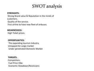 STRENGHTS:
Strong Brand value & Reputation in the minds of
customers.
Quality of the service.
First airline to have new fleet of airbuses.
WEAKNESSESS:
High Ticket prices.
OPPORTUNITIES:
The expanding tourism Industry.
Untapped Air cargo market
Under penetrated Domestic Market
THREATS:
Competitors.
Fuel Price Hike.
Economic Slowdown/Recessions
SWOT analysis
 
