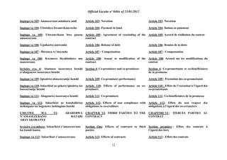 Official Gazette nº 04bis of 23/01/2012
12
Ingingo ya 103: Amasezerano asimbura andi
Ingingo ya 104: Ubwishyu bwumvikanyweho
Ingingo ya 105: Ubwumvikane bwo gusesa
amasezerano
Ingingo ya 106: Uguharira umwenda
Ingingo ya 107 : Ihwanya ry‟imyenda
Ingingo ya 108: Kwemera ibyahinduwe mu
masezerano
Icyiciro cya 4: Abatanze isezeranya benshi
n‟abagenewe isezeranya benshi
Ingingo ya 109: Igisabwa abasezeranije benshi
Ingingo ya 110: Inkurikizi zo gukora igisabwa ku
basezeranije benshi
Ingingo ya 111: Abagenewe isezeranya benshi
Ingingo ya 112: Inkurikizi zo kutubahiriza
inshingano ku bagenewe inshingano benshi
UMUTWE WA VI: ABAREBWA
N‟AMASEZERANO BATARI
ABAYAKORANYE
Icyiciro cya mbere: Inkurikizi z‟amasezerano
ku bandi bantu
Ingingo ya 113: Inkurikizi z‟amasezerano
Article 103: Novation
Article 104: Payment in kind
Article 105: Agreement of rescinding of the
contract
Article 106: Release of debt
Article 107 : Compensation
Article 108: Assent to modification of the
contract
Section 4: Co-promisors and co-promisees
Article 109: Co-promisors performance
Article 110: Effects of performance on co-
promisors
Article 111: Co-promisees
Article 112: Effects of non compliance with
obligations to co-creditors
CHAPTER VI: THIRD PARTIES TO THE
CONTRACT
Section One: Effects of contracts to third
parties
Article 113: Effects of contracts
Article 103: Novation
Article 104: Dation en paiement
Article 105: Accord de résiliation du contrat
Article 106: Remise de la dette
Article 107 : Compensation
Article 108: Accord sur les modifications du
contrat
Section 4: Co-promettants et co-bénéficiaires
de la promesse
Article 109 : Prestation des co-promettants
Article 110 : Effets de l‟exécution à l‟égard des
co-promettants
Article 111: Co-bénéficiaires de la promesse
Article 112: Effets du non respect des
obligations à l‟égard des co-créanciers
CHAPITRE VI : TIERCES PARTIES AU
CONTRAT
Section première : Effets des contrats à
l‟égard des tiers
Article 113 : Effets des contrats
 