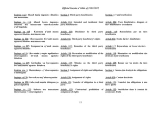 Official Gazette nº 04bis of 23/01/2012
13
Icyiciro cya 2: Abandi bantu bagenewe ibisabwa
mu masezerano
Ingingo ya 114: Abandi bantu bagenewe
ibisabwa mu masezerano bumvikanyweho
n‟ab‟ingoboka
Ingingo ya 115 : Kutemera k‟undi muntu
ugenewe ibisabwa mu masezerano
Ingingo ya 116: Uburenganzira bw‟undi muntu
ugenewe ibisabwa mu masezerano
Ingingo ya 117: Irenganurwa ry‟undi muntu
ugenewe ibisabwa
Ingingo ya 118: Ukuvanaho cyangwa uguhindura
uburenganzira bw‟undi muntu ugenewe
ibisabwa
Ingingo ya 119: Kwibeshya ku burenganzira
bw‟undi muntu ugenewe ibisabwa
Icyiciro cya 3: Ihererekanya ry‟uburenganzira
n‟inshingano
Ingingo ya 120: Ihererekanya ry‟uburenganzira
Ingingo ya 121: Guha undi muntu ishingano yo
gukora igisabwa
Ingingo ya 122: Kubuza mu masezerano
ihererekanya ry‟uburenganzira
Section 2: Third party beneficiaries
Article 114: Intended and incidental third
party beneficiaries
Article 115: Disclaimer by third party
beneficiary
Article 116: Third party beneficiary‟s rights
Article 117: Remedies of the third party
beneficiary
Article 118: Revocation or modification of the
rights of the third party beneficiary
Article 119: Mistake on the third party
beneficiary‟s rights
Section 3: Assignment of rights and obligations
Article 120: Assignment of rights
Article 121: Transfer of obligation to a third
party
Article 122: Contractual prohibition of
assignment of rights
Section 2 : Tiers bénéficiaires
Article 114: Tiers bénéficiaires désignés et
tiers bénéficiaires secondaires
Article 115: Renonciation par un tiers
bénéficiaire
Article 116: Droits du tiers bénéficiaire
Article 117: Réparations en faveur du tiers
bénéficiaire
Article 118: Révocation ou modification des
droits du tiers bénéficiaire
Article 119: Erreur sur les droits du tiers
bénéficiaire
Section 3: Cession des droits et des obligations
Article 120: Cession des droits
Article 121: Transfert des obligations à une
tierce partie
Article 122: Interdiction dans le contrat de
cession des droits
 