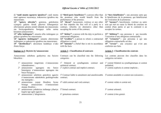 Official Gazette nº 04bis of 23/01/2012
21
d) “undi muntu ugenewe igisabwa”: undi muntu
utari ugenewe isezeranya, wakorerwa igisabwa mu
masezerano;
12o
“gutera ubwoba”: gutoteza, guhohotera
cyangwa gukora ikindi gikorwa kibangamiye
ubwisanzure gituma urundi ruhande mu masezerano
nta bwinyagamburiro busigaye rufite uretse
kwemera amasezerano ;
13o “
ufite inshingano”: umuntu ufite inshingano yo
gukora igisabwa mu masezerano;
14o “
ugenewe inshingano”: umuntu uberewemo
inshingano yo gukorerwa igisabwa mu masezerano;
15o
“ukwibeshya”: ukwemera kudahuye n‟uko
ibintu biteye.
Ingingo ya 3: Ibyiciro by‟amasezerano
Amasezerano ashobora gushyirwa mu byiciro
bikurikira :
1° amasezerano magirirane n‟amasezerano
ruhanderumwe ;
2° amasezerano agaragara mu buryo
butaziguye n‟amasezerano agaragara mu
buryo buziguye ;
3° amasezerano ashobora guteshwa agaciro
n‟amasezerano adashobora gushingirwaho
mu mategeko ;
4° amasezerano yujuje ibisabwa byose
biranga amasezerano n‟amasezerano
atujuje ibisabwa ;
5° amasezerano yubahiriza imihango yihariye
kugira ngo agire agaciro ;
6° amasezerano y‟ubugiraneza.
d) “third party beneficiary”: a person other than
the promisee who would benefit from the
performance of the promise;
12o “
threat”: harassment, violence or any other
act that impedes the free will of a party to a
contract, whereby no alternative other than
accepting the terms of the contract;
13o
“debtor”: a person with the duty to perform a
contractual obligation;
14o
“creditor”: a person to whom a contractual
obligation is owed;
15o
“mistake”: a belief that is not in accordance
with the facts.
Article 3 : Classification of contracts
Contracts can be classified into the following
categories:
1o
bilateral or synallagmatic contract and
unilateral contract;
2o
explicit contract and implicit contract;
3o
Contract liable to annulment and unenforceable
contract;
4o
valid contract and void contract;
5o
formal contract;
6° gratuitous contract.
d) “tiers bénéficiaire” : une personne autre que
le bénéficiaire de la promesse, qui bénéficierait
de l‟exécution de la promesse;
12o
“menace”: harcèlement, violence ou autre
acte qui met en cause la liberté de conclure un
contrat d'une partie et qui le contraint à en
accepter les termes;
13o
“débiteur”: une personne à qui incombe
l‟exécution d‟une obligation contractuelle ;
14o
“créancier" : une personne à qui une
obligation contractuelle est due;
15o
”erreur” : une croyance qui n‟est pas
conforme aux faits.
Article 3 : Classification des contrats
Les contrats peuvent être classifiés dans les
catégories suivantes:
1° contrat bilatéral ou synallagmatique et contrat
unilatéral;
2° contrat explicite et contrat implicite ;
3°contrat annulable et contrat non exécutoire ;
4° contrat valide et contrat nul;
5° contrat solennel;
6° contrat à titre gratuit.
 