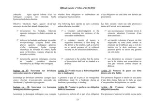Official Gazette nº 04bis of 23/01/2012
33
yabayeho rigira agaciro kabone n‟iyo izo
nshingano cyangwa uwo mwenda byaba
byaravuyeho kubera ubuzime.
Ibikorwa bikurikira bigira agaciro nk‟ak‟iryo
sezeranya keretse hari ukundi biteganyijwe:
1° kwiyemerera ku bushake, bikorewe
ugenewe inshingano ko hakiri umwenda wa
mbere;
2° kohereza ku bushake amafaranga, inyandiko
mvunjwafaranga cyangwa ikindi kintu
gihawe ugenewe inshingano gitanzwe
n‟ufite inshingano, byaba inyungu
ishamikiye ku mwenda wa mbere, byaba
igice cy‟ubwishyu, cyangwa ubugwate ku
mwenda wa mbere;
3° kumenyesha ugenewe inshingano, yizezwa
ko itegeko ryerekeye ubuzime
ritazitabazwa, nk‟uburyo bwo kwiregura.
Ingingo ya 37: Isezeranya ryo kwishyura
umwenda wakuweho n‟igihombo
Isezeranya ryo kwishyura umwenda cyangwa igice
cyawo rikozwe n‟uwavaniweho umwenda mu
ikurikirana ry‟igihombo rigira agaciro.
Ingingo ya 38: Isezeranya ryo kurangiza
inshingano zishobora guseswa
Isezeranya ryo kurangiza inshingano yose cyangwa
whether those obligations or indebtedness are
extinguised by prescription.
The following facts operate as such a promise
unless otherwise provided:
1° a voluntary acknowledgment to the
creditor admitting the existence of the
antecedent indebtedness;
2° a voluntary transfer of money, a
negotiable instrument, or other thing by
the debtor to the creditor, such as interest
on or partial payment of, or collateral
security for, the antecedent indebtedness;
3° a statement to the creditor that the statute
of prescription shall not be pleaded as a
defence.
Article 37: Promise to pay a debt extinguished
due to bankruptcy
A promise to pay all or part of an extinguished
indebtedness made by a bankrupt, during an
insolvency proceedings, is binding.
Article 38: Promise to perform an obligation
liable to annulment
A promise to perform all or part of an obligation
si ces obligations ou cette dette sont éteintes par
prescription.
Les faits suivants valent une telle promesse à
moins qu‟il ne soit prévu autrement:
1° une reconnaissance volontaire envers le
créancier admettant l‟existence d‟une
dette antérieure ;
2° un transfert volontaire d‟argent, un titre
négociable ou autre chose donnée au
créancier par le débiteur, que ce soit des
intérêts sur la dette antérieure, son
paiement partiel ou encore une garantie
sur cette dette;
3° une déclaration au créancier l‟assurant
que la loi relative aux prescriptions ne
sera pas soulevée comme moyen de
défense.
Article 37: Promesse de payer une dette
éteinte suite à la faillite
Une promesse de payer la totalité ou une partie
d‟une dette éteinte faite par le failli, au cours
d‟une procédure de liquidation, est valable.
Article 38: Promesse d‟exécuter une
obligation annulable
Une promesse d‟exécuter la totalité ou une partie
 
