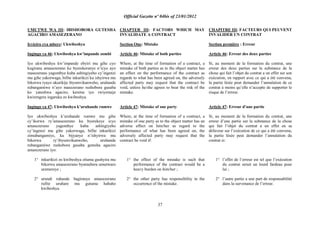 Official Gazette nº 04bis of 23/01/2012
37
UMUTWE WA III: IBISHOBORA GUTESHA
AGACIRO AMASEZERANO
Icyiciro cya mbere: Ukwibeshya
Ingingo ya 46: Ukwibeshya kw‟impande zombi
Iyo ukwibeshya kw‟impande ebyiri mu gihe cyo
kugirana amasezerano ku byerekeranye n‟icyo ayo
masezerano yagombye kuba ashingiyeho cy‟ingenzi
mu gihe yakorwaga, bifite inkurikizi ku ishyirwa mu
bikorwa ryayo ukurikije ibyumvikanweho, uruhande
rubangamiwe n‟ayo masezerano rushobora gusaba
ko yateshwa agaciro, keretse iyo rwiyemeje
kwirengera ingaruka zo kwibeshya.
Ingingo ya 47: Ukwibeshya k‟uruhande rumwe
Iyo ukwibeshya k‟uruhande rumwe mu gihe
cy‟ikorwa ry‟amasezerano ku byerekeye icyo
amasezerano yagombye kuba ashingiyeho
cy‟ingenzi mu gihe yakorwaga, bifite inkurikizi
zimubangamiye, ku bijyanye n‟ishyirwa mu
bikorwa ry‟ibyumvikanweho, uruhande
rubangamiwe rushobora gusaba gutesha agaciro
amasezerano iyo:
1° inkurikizi zo kwibeshya zituma gushyira mu
bikorwa amasezerano byamubera umutwaro
uremereye ;
2° urundi ruhande bagiranye amasezerano
rufite uruhare mu gutuma habaho
kwibeshya.
CHAPTER III: FACTORS WHICH MAY
INVALIDATE A CONTRACT
Section One: Mistake
Article 46: Mistake of both parties
Where, at the time of formation of a contract, a
mistake of both parties as to the object matter has
an effect on the performance of the contract as
regards to what has been agreed on, the adversely
affected party may request that the contract be
void, unless he/she agrees to bear the risk of the
mistake.
Article 47: Mistake of one party
Where, at the time of formation of a contract, a
mistake of one party as to the object matter has an
adverse effect on him/her as regard to the
performance of what has been agreed on, the
adversely affected party may request that the
contract be void if:
1° the effect of the mistake is such that
performance of the contract would be a
heavy burden on him/her ;
2° the other party has responsibility in the
occurrence of the mistake.
CHAPITRE III: FACTEURS QUI PEUVENT
INVALIDER UN CONTRAT
Section première : Erreur
Article 46: Erreur des deux parties
Si, au moment de la formation du contrat, une
erreur des deux parties sur la substance de la
chose qui fait l‟objet du contrat a un effet sur son
exécution, en rapport avec ce qui a été convenu,
la partie lésée peut demander l‟annulation de ce
contrat à moins qu‟elle n‟accepte de supporter le
risque de l‟erreur.
Article 47: Erreur d‟une partie
Si, au moment de la formation du contrat, une
erreur d‟une partie sur la substance de la chose
qui fait l‟objet du contrat a un effet en sa
défaveur sur l‟exécution de ce qui a été convenu,
la partie lésée peut demander l‟annulation du
contrat si:
1° l‟effet de l‟erreur est tel que l‟exécution
du contrat serait un lourd fardeau pour
lui ;
2° l‟autre partie a une part de responsabilité
dans la survenance de l‟erreur.
 