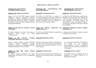 Official Gazette nº 04bis of 23/01/2012
87
UMUTWE WA VIII: INGINGO
Y‟INZIBACYUHO N‟IZISOZA
Ingingo ya 162: Ingingo y‟inzibacyuho
Itegeko ryo kuwa 30/07/1888 ryerekeye imirimo
nshinganwa cyangwa amasezerano rikomeza
gukurikizwa ku bijyanye n‟inshingano zidashingiye
ku masezerano, amasezerano yihariye, uburyozwe
bw‟amakosa, ubuzime, mu gihe amategeko yihariye
abigenga atarashyirwaho.
Ingingo ya 163: Itegurwa, isuzumwa n‟itorwa
ry‟iri tegeko
Iri tegeko ryateguwe mu rurimi rw‟Icyongereza,
risuzumwa kandi ritorwa mu rurimi
rw‟Ikinyarwanda.
Ingingo ya 164: Ivanwaho ry`ingingo
z‟amategeko zinyuranyije n‟iri tegeko
Interuro ya mbere y‟Itegeko ryo kuwa 30/07/1888
ryerekeye imirimo nshinganwa cyangwa
amasezerano n‟ingingo zose z‟amategeko abanziriza
iri kandi zinyuranyije na ryo bivanyweho.
Ingingo ya 165: Igihe itegeko ritangira
gukurikizwa
Iri tegeko ritangira gukurikizwa ku munsi
ritangarijweho mu Igazeti ya Leta ya Repubulika
y‟u Rwanda.
CHAPTER VIII : TRANSITIONAL AND
FINAL PROVISIONS
Article 162: Transitional provision
The Decree of 30/07/1888 on contracts or
conventional obligations shall remain effective for
no contractual obligations, special contracts, civil
liabilities, limitations, until the publication of
specific laws governing those matters.
Article 163: Drafting, consideration and
adoption of this Law
This Law was drafted in English, considered and
adopted in Kinyarwanda.
Article 164: Repealing provision
Title One of the Decree of 30/07/ 1888 relating to
contracts or conventional obligations and all prior
legal provisions inconsistent with this Law are
hereby repealed.
Article 165: Commencement
This Law shall come into force on the date of its
publication in the Official Gazette of the Republic
of Rwanda.
CHAPITRE VIII : DISPOSITIONS
TRANSITOIRE ET FINALES
Article 162 : Disposition transitoire
Le Décret du 30/07/1888 sur des contrats ou des
obligations conventionnelles reste applicable en
ce qui concerne les engagements qui se forment
sans convention, les contrats spéciaux, les
responsabilités civiles, la prescription tant que les
lois respectives régissant ces matières ne sont pas
encore publiées.
Article 163: Initiatiation, examen et adoption
de la présente loi
La présente loi a été initiée en Anglais, examinée
et adoptée en Kinyarwanda.
Article 164: Disposition abrogatoire
Le titre premier du Décret du 30/07/1888 sur
des contrats ou des obligations
conventionnelles et toutes les dispositions
légales antérieures contraires à la présente loi
sont abrogées.
Article 165: Entrée en vigueur
La présente loi entre en vigueur le jour de sa
publication au Journal Officiel de la
République du Rwanda.
 