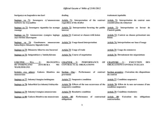 Official Gazette nº 04bis of 23/01/2012
9
buriganya no kugendera mu kuri
Ingingo ya 71: Isesengura ry‟amasezerano
hatitawe ku wayanditse
Ingingo ya 72: Isesengura riganisha ku nyungu
rusange
Ingingo ya 73: Amasezerano cyangwa ingingo
zayo birimo akarengane
Ingingo ya 74: Gusobanura amasezerano
hakurikijwe ibisanzwe bigenderwaho
Ingingo ya 75: Ibisanzwe bikorwa mu bucuruzi
Ingingo ya 76: Imigendekere y‟imishyikirano
UMUTWE WA V: IRANGIZWA
RY‟INSHINGANO ZITURUKA MU
MASEZERANO
Icyiciro cya mbere: Gukora ibisabwa mu
masezerano
Ingingo ya 77: Inkomyi itangiza inshingano
Ingingo ya 78: Inkurikizi iyo inkomyi itabayeho
Ingingo ya 79: Inkomyi irangiza amasezerano
Ingingo ya 80: Gukora ibisabwa mu masezerano
dealing
Article 71: Interpretation of the contract
regardless of the drafter
Article 72: Interpretation favoring the public
interest
Article 73: Contract or clauses with lesion
Article 74: Usage-based interpretation
Article 75: Usage of trade
Article 76: Course of negotiation
CHAPTER V: PERFORMANCE OF
CONTRACTUAL OBLIGATIONS
Section One : Performance of contract
provisions
Article 77: Suspensive condition
Article 78: Effects of the non occurrence of the
suspensive condition
Article 79: Resolutive condition
Article 80: Performance of contractual
obligations
traitement équitable
Article 71: Interprétation du contrat sans
considération du rédacteur
Article 72: Interprétation en faveur de
l‟intérêt public
Article 73: Contrat ou clauses présentant une
lésion
Article 74: Interprétation sur base d‟usage
Article 75: Usage du commerce
Article 76: Déroulement des négociations
CHAPITRE V : EXECUTION DES
OBLIGATIONS CONTRACTUELLES
Section première : Exécution des dispositions
du contrat
Article 77: Condition suspensive
Article 78: Effets de la non survenance d‟une
condition suspensive
Article 79: Condition résolutoire
Article 80: Exécution des obligations
contractuelles
 