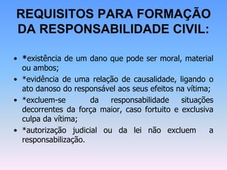 REQUISITOS PARA FORMAÇÃO
DA RESPONSABILIDADE CIVIL:
• *existência de um dano que pode ser moral, material
ou ambos;
• *evidência de uma relação de causalidade, ligando o
ato danoso do responsável aos seus efeitos na vítima;
• *excluem-se da responsabilidade situações
decorrentes da força maior, caso fortuito e exclusiva
culpa da vítima;
• *autorização judicial ou da lei não excluem a
responsabilização.
 