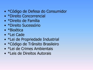 • *Código de Defesa do Consumidor
• *Direito Concorrencial
• *Direito de Família
• *Direito Sucessório
• *Bioética
• *Lei Cade
• *Lei de Propriedade Industrial
• *Código de Trânsito Brasileiro
• *Lei de Crimes Ambientais
• *Leis de Direitos Autorais
 