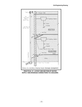 Civil Engineering Drawing
PRACTICAL 14 - LAYOUT AND SECTION OF WATER
SUPPLY AND DRAINAGE CONNECTIONS TO A BUILDING
- 32 -
 