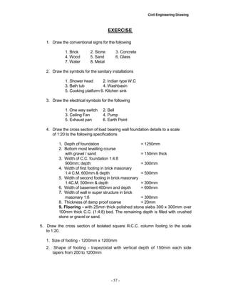 Civil Engineering Drawing
EXERCISE
1. Draw the conventional signs for the following
1. Brick 2. Stone 3. Concrete
4. Wood 5. Sand 6. Glass
7. Water 8. Metal
2. Draw the symbols for the sanitary installations
1. Shower head 2. Indian type W.C
3. Bath tub 4. Washbasin
5. Cooking platform 6. Kitchen sink
3. Draw the electrical symbols for the following
1. One way switch 2. Bell
3. Ceiling Fan 4. Pump
5. Exhaust pan 6. Earth Point
4. Draw the cross section of load bearing wall foundation details to a scale
of 1:20 to the following specifications
1. Depth of foundation = 1250mm
2. Bottom most levelling course
with gravel / sand = 150mm thick
3. Width of C.C. foundation 1:4:8
900mm; depth = 300mm
4. Width of first footing in brick masonary
1:4 C.M. 600mm & depth = 500mm
5. Width of second footing in brick masonary
1:4C.M. 500mm & depth = 300mm
6. Width of basement 400mm and depth = 600mm
7. Width of wall in super structure in brick
masonary 1:6 = 300mm
8. Thickness of damp proof coarse = 20mm
9. Flooring - with 25mm thick polished stone slabs 300 x 300mm over
100mm thick C.C. (1:4:8) bed. The remaining depth is filled with crushed
stone or gravel or sand.
5. Draw the cross section of Isolated square R.C.C. column footing to the scale
to 1:20.
1. Size of footing - 1200mm x 1200mm
2. Shape of footing - trapezoidal with vertical depth of 150mm each side
tapers from 200 to 1200mm
- 57 -
 