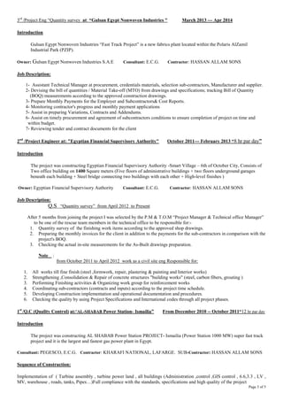3rd /Project Eng “Quantity survey at: “Gulsan Egypt Nonwoven Industries " March 2013 --- Apr 2014 Introduction Gulsan Egypt Nonwoven Industries “Fast Track Project” is a new fabrics plant located within the Polaris AlZamil Industrial Park (PZIP). Owner: Gulsan Egypt Nonwoven Industries S.A.E Consultant: E.C.G. Contractor: HASSAN ALLAM SONS Job Description: 
1- Assistant Technical Manager at procurement, credentials materials, selection sub-contractors, Manufacturer and supplier. 
2- Devising the bill of quantities / Material Take-off (MTO) from drawings and specifications; tracking Bill of Quantity (BOQ) measurements according to the approved construction drawings. 3- Prepare Monthly Payments for the Employer and Subcontractors& Cost Reports. 4- Monitoring contractor's progress and monthly payment applications 5- Assist in preparing Variations, Contracts and Addendums. 6- Assist on timely procurement and agreement of subcontractors conditions to ensure completion of project on time and within budget. 7- Reviewing tender and contract documents for the client 2nd /Project Engineer at: "Egyptian Financial Supervisory Authority" October 2011--- February 2013 “8 hr par day” Introduction 
The project was constructing Egyptian Financial Supervisory Authority -Smart Village – 6th of October City, Consists of Two office building on 1400 Square meters (Five floors of administrative buildings + two floors underground garages beneath each building + Steel bridge connecting two buildings with each other + High-level finishes ) Owner: Egyptian Financial Supervisory Authority Consultant: E.C.G. Contractor: HASSAN ALLAM SONS Job Description: Q.S “Quantity survey” from April 2012 to Present After 5 months from joining the project I was selected by the P.M & T.O.M “Project Manager & Technical office Manager” to be one of the rescue team members in the technical office to be responsible for:- 
1. Quantity survey of the finishing work items according to the approved shop drawings. 
2. Preparing the monthly invoices for the client in addition to the payments for the sub-contractors in comparison with the project's BOQ. 
3. Checking the actual in-site measurements for the As-Built drawings preparation. 
Note : from October 2011 to April 2012 work as a civil site eng Responsible for: 
1. All works till fine finish (steel ,formwork, repair, plastering & painting and Interior works) 
2. Strengthening ,Consolidation & Repair of concrete structures "building works" (steel, carbon fibers, grouting ) 
3. Performing Finishing activities & Organizing work group for reinforcement works 
4. Coordinating sub-contractors (contracts and inputs) according to the project time schedule. 
5. Developing Construction implementation and operational documentation and procedures. 
6. Checking the quality by using Project Specifications and International codes through all project phases. 
1st /Q.C (Quality Control) at:"AL-SHABAB Power Station- Ismailia" From December 2010 -- October 2011“12 hr par day Introduction The project was constructing AL SHABAB Power Station PROJECT- Ismailia (Power Station 1000 MW) super fast track project and it is the largest and fastest gas power plant in Egypt. Consultant: PEGESCO, E.C.G. Contractor: KHARAFI NATIONAL, LAFARGE. SUB-Contractor: HASSAN ALLAM SONS Sequence of Construction: 
Implementation of ( Turbine assembly , turbine power land , all buildings (Administration ,control ,GIS control , 6.6,3.3 , LV , MV, warehouse , roads, tanks, Pipes…)Full compliance with the standards, specifications and high quality of the project 
Page 3 of 5 
 
