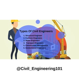 @Civil_Engineering101
Types Of Civil Engineers
1. Structural Engineer
2. Forensic Engineers
3. Water Engineers
4. Transport Engineers
5. Construction Management
6. Geotechnical Engineers
 