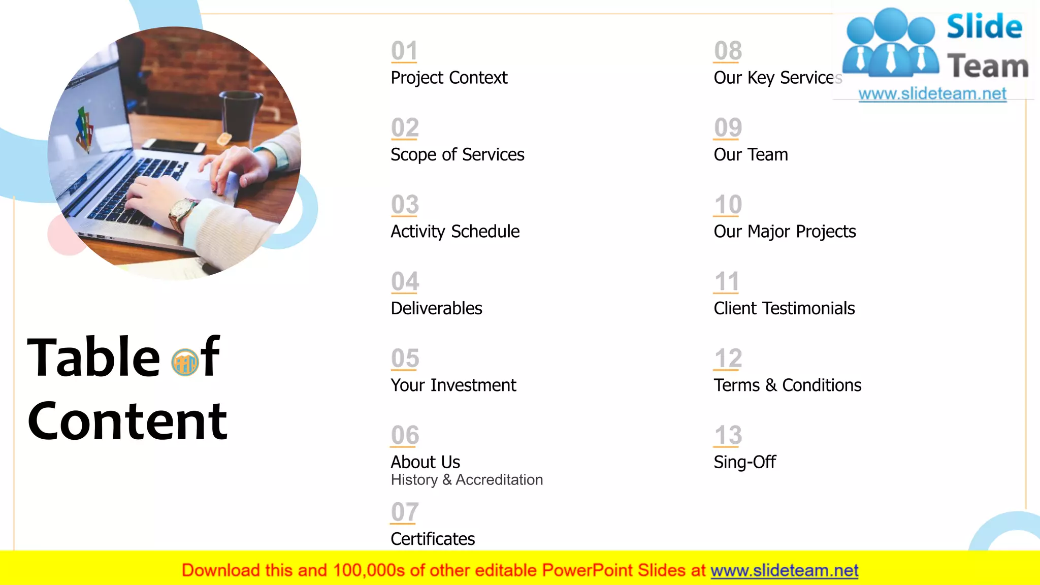 Table f
Content
3
01
Project Context
08
Our Key Services
05
Your Investment
12
Terms & Conditions
02
Scope of Services
09
Our Team
13
Sing-Off
04
Deliverables
11
Client Testimonials
03
Activity Schedule
10
Our Major Projects
07
Certificates
06
About Us
History & Accreditation
 