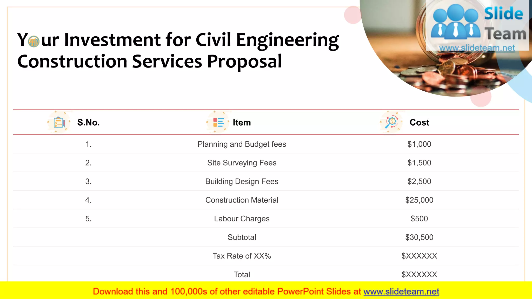 Y ur Investment for Civil Engineering
Construction Services Proposal
9
S.No. Item Cost
1. Planning and Budget fees $1,000
2. Site Surveying Fees $1,500
3. Building Design Fees $2,500
4. Construction Material $25,000
5. Labour Charges $500
Subtotal $30,500
Tax Rate of XX% $XXXXXX
Total $XXXXXX
 