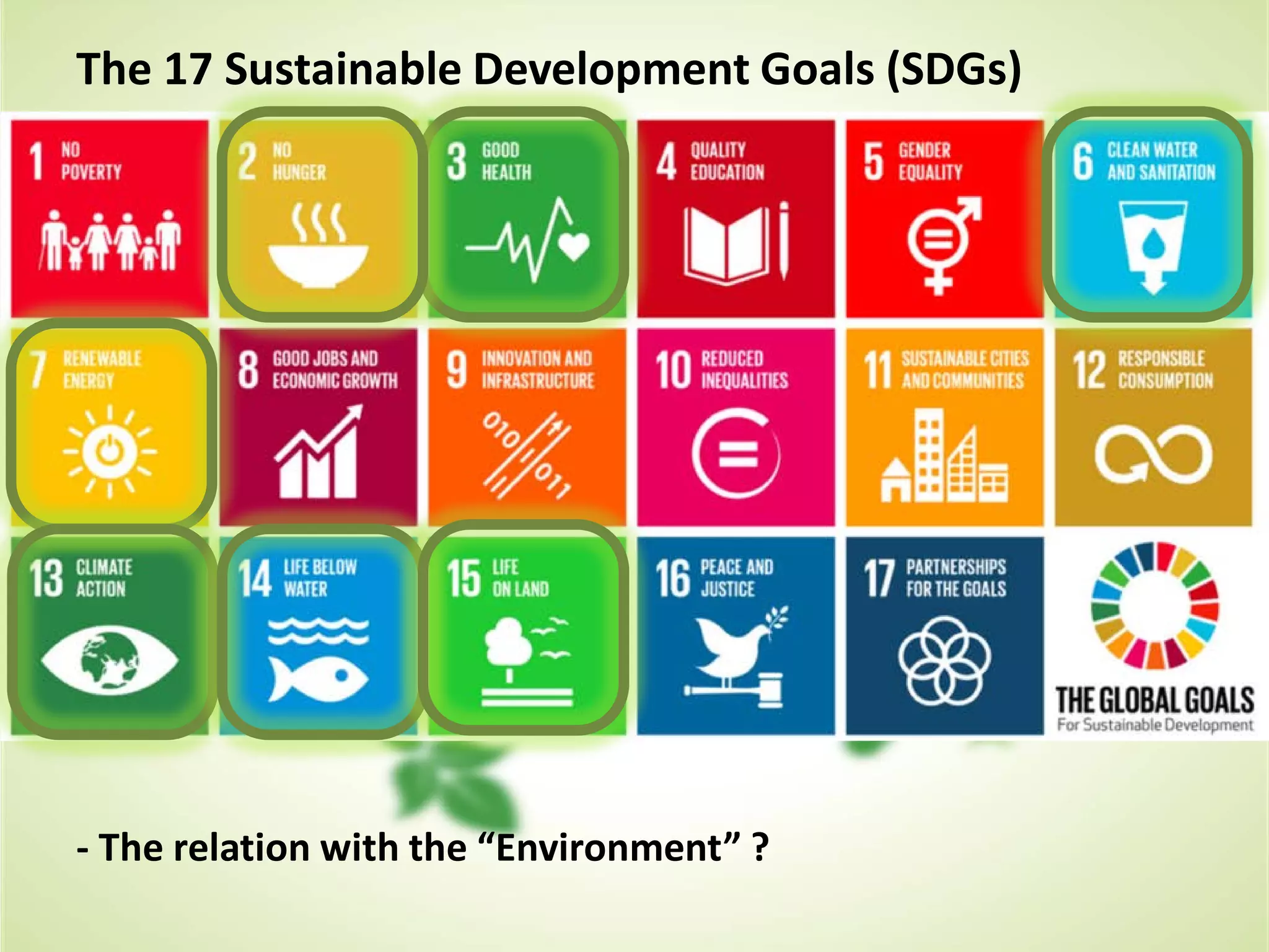 The 17 Sustainable Development Goals (SDGs)
- The relation with the “Environment” ?
 