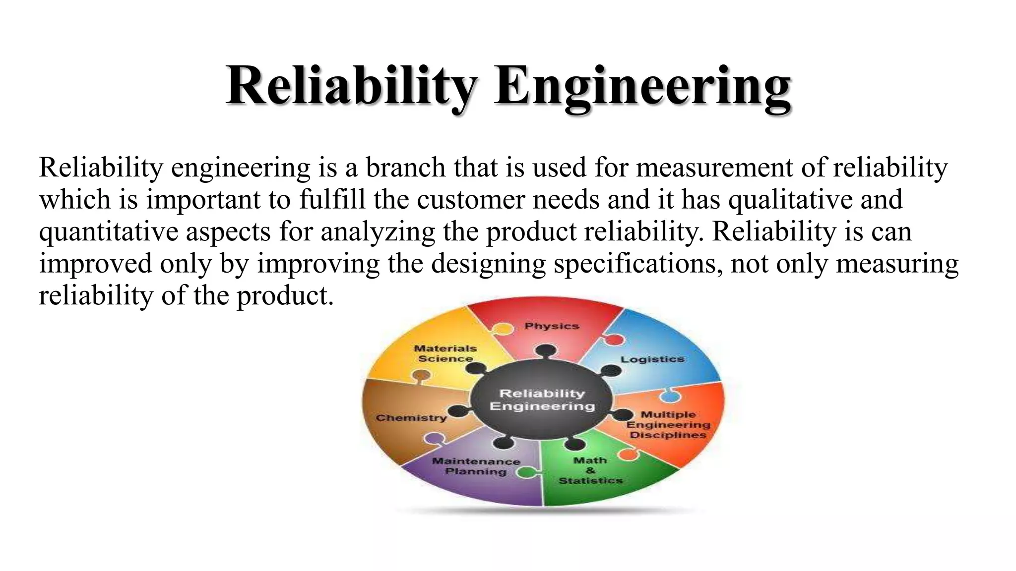 Reliability Engineering
Reliability engineering is a branch that is used for measurement of reliability
which is important to fulfill the customer needs and it has qualitative and
quantitative aspects for analyzing the product reliability. Reliability is can
improved only by improving the designing specifications, not only measuring
reliability of the product.
 