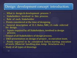  What is design & development process ?
 Stakeholders involved in this process.
 Role of each Stakeholder
 Points considered at the time of designing .
 General description of D. C. Rules, NBC, I.S. code referred
for design.
 Inputs required by all Stakeholders, involved in design
process.
 Output of all Stakeholders of design process.
 D&D presentation on design of project , to execution team.
 Points required to be considered before starting execution
of work. (Material handling plan, temp. Structures. etc.)
 Study of all types of drawings
Design development concept introduction.
 
