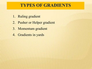 1. Ruling gradient
2. Pusher or Helper gradient
3. Momentum gradient
4. Gradients in yards
TYPES OF GRADIENTS
 
