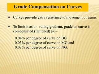  Curves provide extra resistance to movement of trains.
 To limit it as on ruling gradient, grade on curve is
compensated (flattened) @ –
0.04% per degree of curve on BG
0.03% per degree of curve on MG and
0.02% per degree of curve on NG.
Grade Compensation on Curves
 