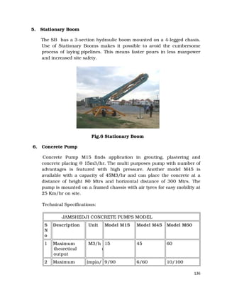 136
5. Stationary Boom
The SB has a 3-section hydraulic boom mounted on a 4-legged chasis.
Use of Stationary Booms makes it possible to avoid the cumbersome
process of laying pipelines. This means faster pours in less manpower
and increased site safety.
Fig.6 Stationary Boom
6. Concrete Pump
Concrete Pump M15 finds application in grouting, plastering and
concrete placing @ 15m3/hr. The multi purposes pump with number of
advantages is featured with high pressure. Another model M45 is
available with a capacity of 45M3/hr and can place the concrete at a
distance of height 80 Mtrs and horizontal distance of 300 Mtrs. The
pump is mounted on a framed chassis with air tyres for easy mobility at
25 Km/hr on site.
Technical Specifications:
JAMSHEDJI CONCRETE PUMPS MODEL
S
N
o
Description Unit Model M15 Model M45 Model M60
1 Maximum
theoretical
output
M3/h
r
15 45 60
2 Maximum (mp)a/ 9/90 6/60 10/100
 