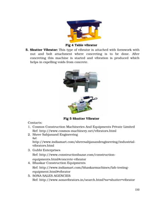 150
Fig 4 Table vibrator
5. Shutter Vibrator: This type of vibrator is attached with formwork with
nut and bolt attachment where concreting is to be done. After
concreting this machine is started and vibration is produced which
helps in expelling voids from concrete.
Fig 5 Shutter Vibrator
Contacts:
1. Cosmos Construction Machineries And Equipments Private Limited
Ref: http://www.cosmos-machinery.net/vibrators.html
2. Shree Sahjanand Engineering
Ref:
http://www.indiamart.com/shreesahjanandengineering/industrial-
vibrators.html
3. Gubbi Enterprises
Ref: http://www.constructionbazar.com/construction-
equipments.html#concrete-vibrator
4. Bhaskar Construction Equipments
Ref: http://www.indiamart.com/bhaskarmachines/lab-testing-
equipment.html#vibrator
5. SONA SALES AGENCIES
Ref: http://www.sonavibrators.in/search.html?ss=shutter+vibrator
 