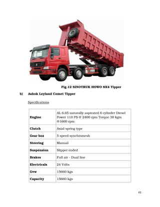 43
Fig.12 SINOTRUK HOWO 8X4 Tipper
b) Ashok Leyland Comet Tipper
Specifications
Engine
AL 6.65 naturally aspirated 6 cylinder Diesel
Power 110 PS @ 2400 rpm Torque 38 kgm
@1600 rpm
Clutch Axial spring type
Gear box 5 speed synchromesh
Steering Manual
Suspension Slipper ended
Brakes Full air - Dual line
Electricals 24 Volts
Gvw 15660 kgs
Capacity 15660 kgs
 