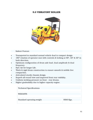 61
5.0 VIBRATORY ROLLER
Salient Feature
• Transported in standard normal vehicle dual to compact design
• 180° rotation of operator seat with controls & locking at 90°, 45° & 30° in
both direction.
• Optimum configuration of drum axle load, dual amplitude & dual
frequency.
• Hyd. kit for longer Life.
• Thick & rigid drum construction to ensure smooth & wobble free
compaction.
• Articulated sturdy chassis design.
• Superb all-round view and improved front rear visibility.
• Uniform working pressure on front - rear drums.
• Higher gradeability due to higher capacity engine.
Technical Specifications
WEIGHTS
Standard operating weight 9500 Kgs.
 