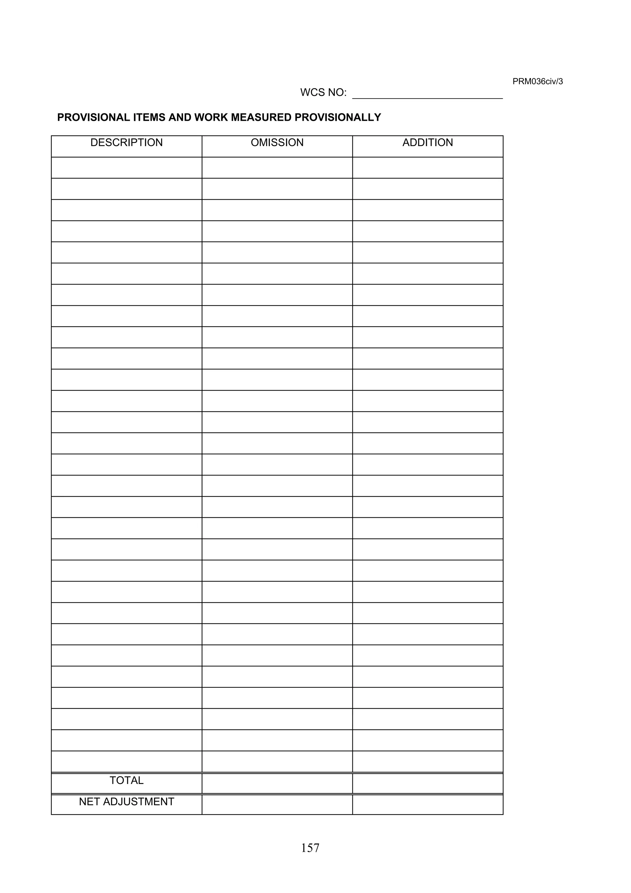157 
PRM036civ/3 
WCS NO: 
PROVISIONAL ITEMS AND WORK MEASURED PROVISIONALLY 
DESCRIPTION OMISSION ADDITION 
TOTAL 
NET ADJUSTMENT 
 
