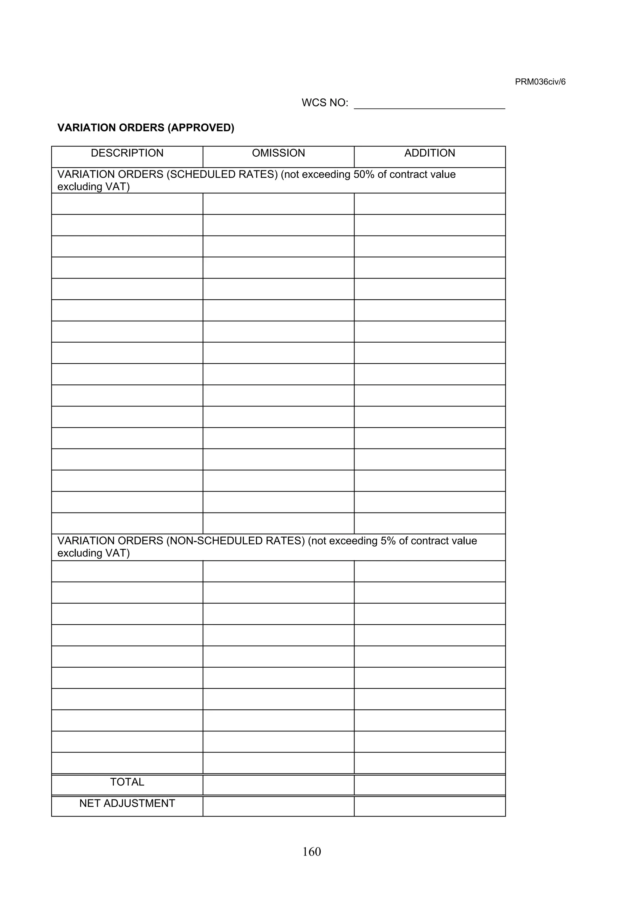 160 
PRM036civ/6 
WCS NO: 
VARIATION ORDERS (APPROVED) 
DESCRIPTION OMISSION ADDITION 
VARIATION ORDERS (SCHEDULED RATES) (not exceeding 50% of contract value 
excluding VAT) 
VARIATION ORDERS (NON-SCHEDULED RATES) (not exceeding 5% of contract value 
excluding VAT) 
TOTAL 
NET ADJUSTMENT 
 