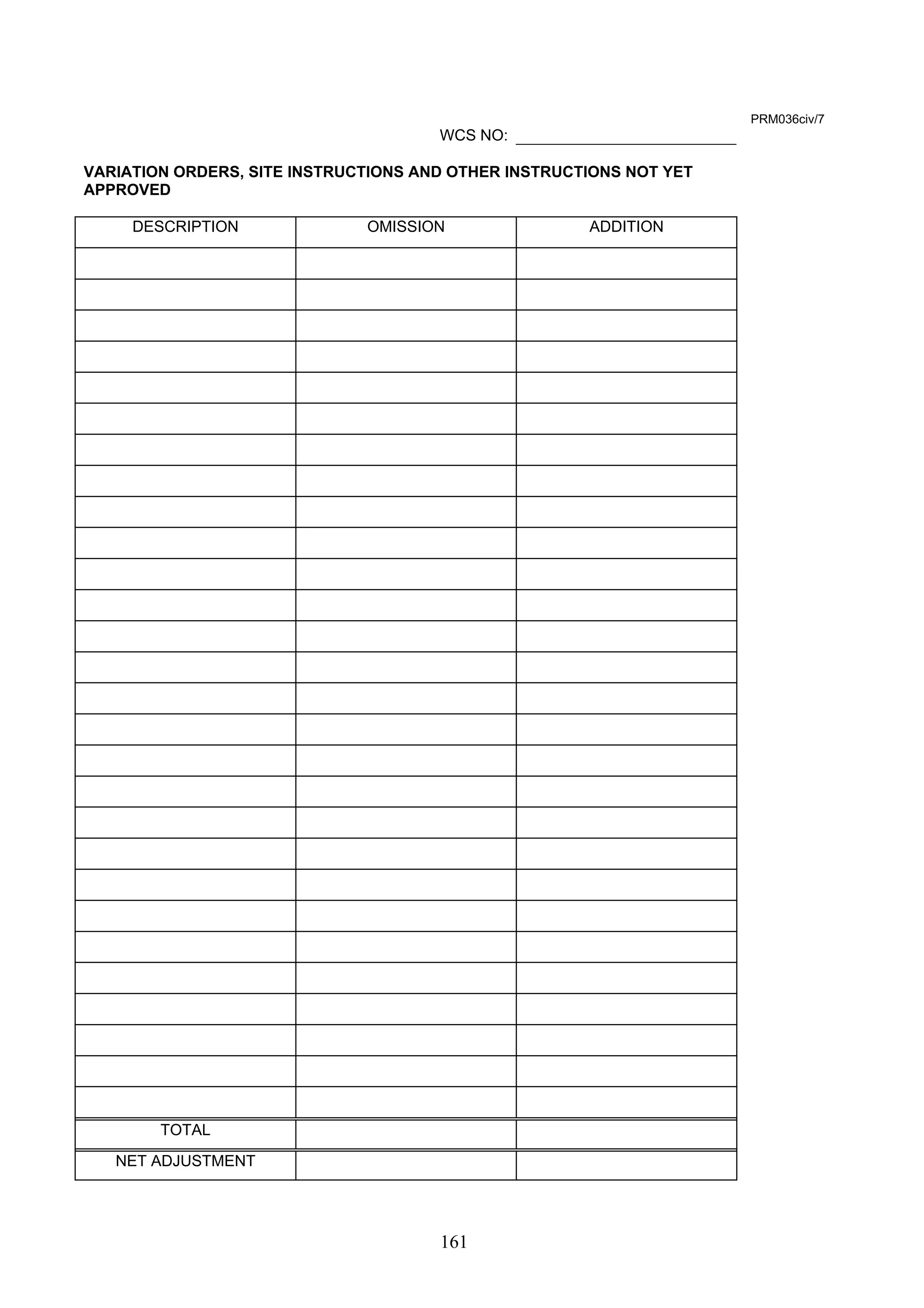 161 
PRM036civ/7 
WCS NO: 
VARIATION ORDERS, SITE INSTRUCTIONS AND OTHER INSTRUCTIONS NOT YET 
APPROVED 
DESCRIPTION OMISSION ADDITION 
TOTAL 
NET ADJUSTMENT 
 