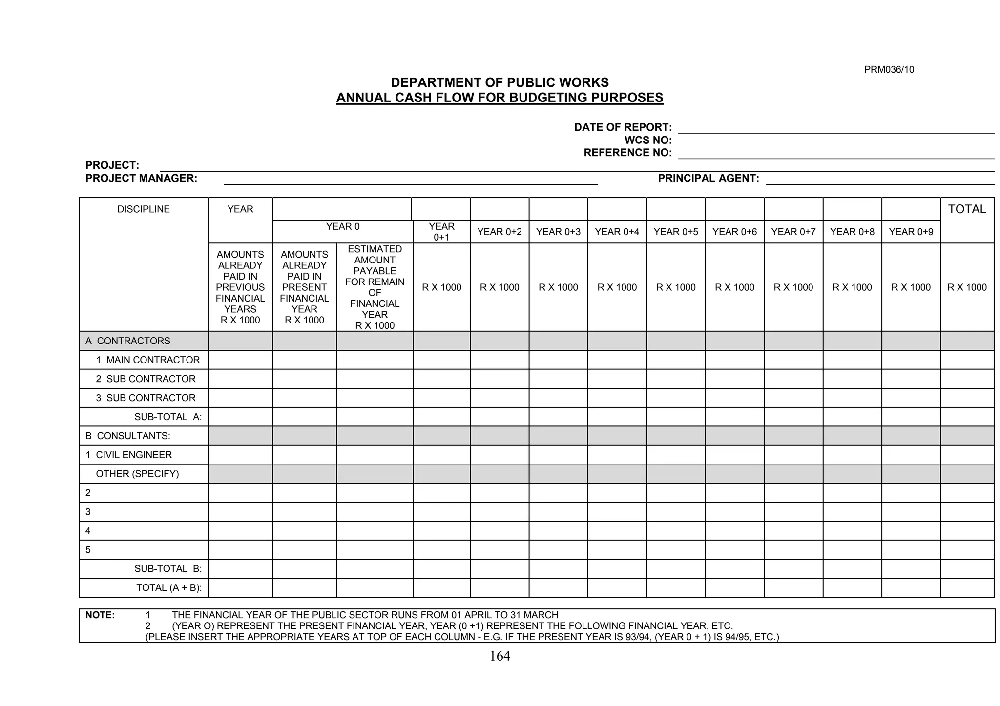 164 
PRM036/10 
DEPARTMENT OF PUBLIC WORKS 
ANNUAL CASH FLOW FOR BUDGETING PURPOSES 
DATE OF REPORT: 
WCS NO: 
REFERENCE NO: 
PROJECT: 
PROJECT MANAGER: PRINCIPAL AGENT: 
DISCIPLINE YEAR 
TOTAL 
YEAR 0 
YEAR 
0+1 YEAR 0+2 YEAR 0+3 YEAR 0+4 YEAR 0+5 YEAR 0+6 YEAR 0+7 YEAR 0+8 YEAR 0+9 
AMOUNTS 
ALREADY 
PAID IN 
PREVIOUS 
FINANCIAL 
YEARS 
R X 1000 
AMOUNTS 
ALREADY 
PAID IN 
PRESENT 
FINANCIAL 
YEAR 
R X 1000 
ESTIMATED 
AMOUNT 
PAYABLE 
FOR REMAIN 
OF 
FINANCIAL 
YEAR 
R X 1000 
R X 1000 R X 1000 R X 1000 R X 1000 R X 1000 R X 1000 R X 1000 R X 1000 R X 1000 R X 1000 
A CONTRACTORS 
1 MAIN CONTRACTOR 
2 SUB CONTRACTOR 
3 SUB CONTRACTOR 
SUB-TOTAL A: 
B CONSULTANTS: 
1 CIVIL ENGINEER 
OTHER (SPECIFY) 
2 
3 
4 
5 
SUB-TOTAL B: 
TOTAL (A + B): 
NOTE: 1 THE FINANCIAL YEAR OF THE PUBLIC SECTOR RUNS FROM 01 APRIL TO 31 MARCH 
2 (YEAR O) REPRESENT THE PRESENT FINANCIAL YEAR, YEAR (0 +1) REPRESENT THE FOLLOWING FINANCIAL YEAR, ETC. 
(PLEASE INSERT THE APPROPRIATE YEARS AT TOP OF EACH COLUMN - E.G. IF THE PRESENT YEAR IS 93/94, (YEAR 0 + 1) IS 94/95, ETC.) 
 