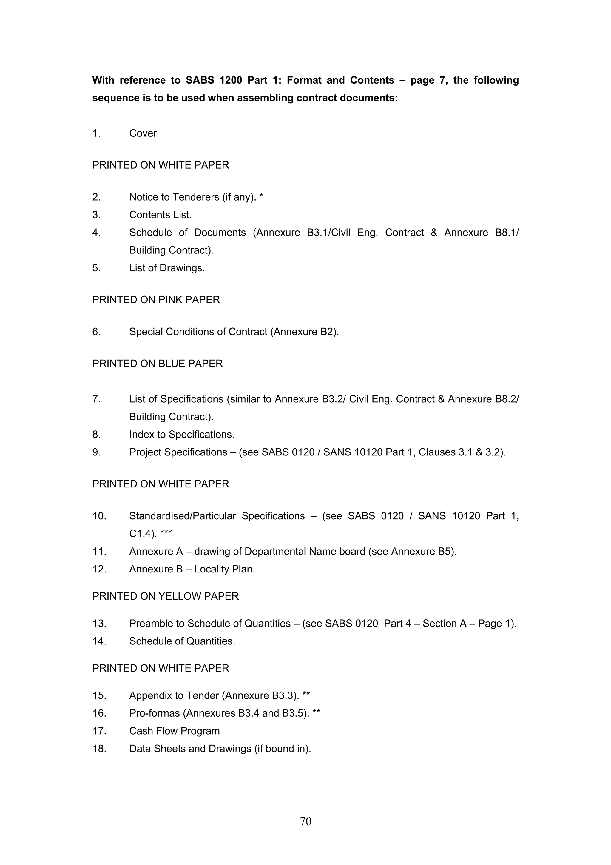 With reference to SABS 1200 Part 1: Format and Contents – page 7, the following 
sequence is to be used when assembling contract documents: 
70 
1. Cover 
PRINTED ON WHITE PAPER 
2. Notice to Tenderers (if any). * 
3. Contents List. 
4. Schedule of Documents (Annexure B3.1/Civil Eng. Contract & Annexure B8.1/ 
Building Contract). 
5. List of Drawings. 
PRINTED ON PINK PAPER 
6. Special Conditions of Contract (Annexure B2). 
PRINTED ON BLUE PAPER 
7. List of Specifications (similar to Annexure B3.2/ Civil Eng. Contract & Annexure B8.2/ 
Building Contract). 
8. Index to Specifications. 
9. Project Specifications – (see SABS 0120 / SANS 10120 Part 1, Clauses 3.1 & 3.2). 
PRINTED ON WHITE PAPER 
10. Standardised/Particular Specifications – (see SABS 0120 / SANS 10120 Part 1, 
C1.4). *** 
11. Annexure A – drawing of Departmental Name board (see Annexure B5). 
12. Annexure B – Locality Plan. 
PRINTED ON YELLOW PAPER 
13. Preamble to Schedule of Quantities – (see SABS 0120 Part 4 – Section A – Page 1). 
14. Schedule of Quantities. 
PRINTED ON WHITE PAPER 
15. Appendix to Tender (Annexure B3.3). ** 
16. Pro-formas (Annexures B3.4 and B3.5). ** 
17. Cash Flow Program 
18. Data Sheets and Drawings (if bound in). 
 