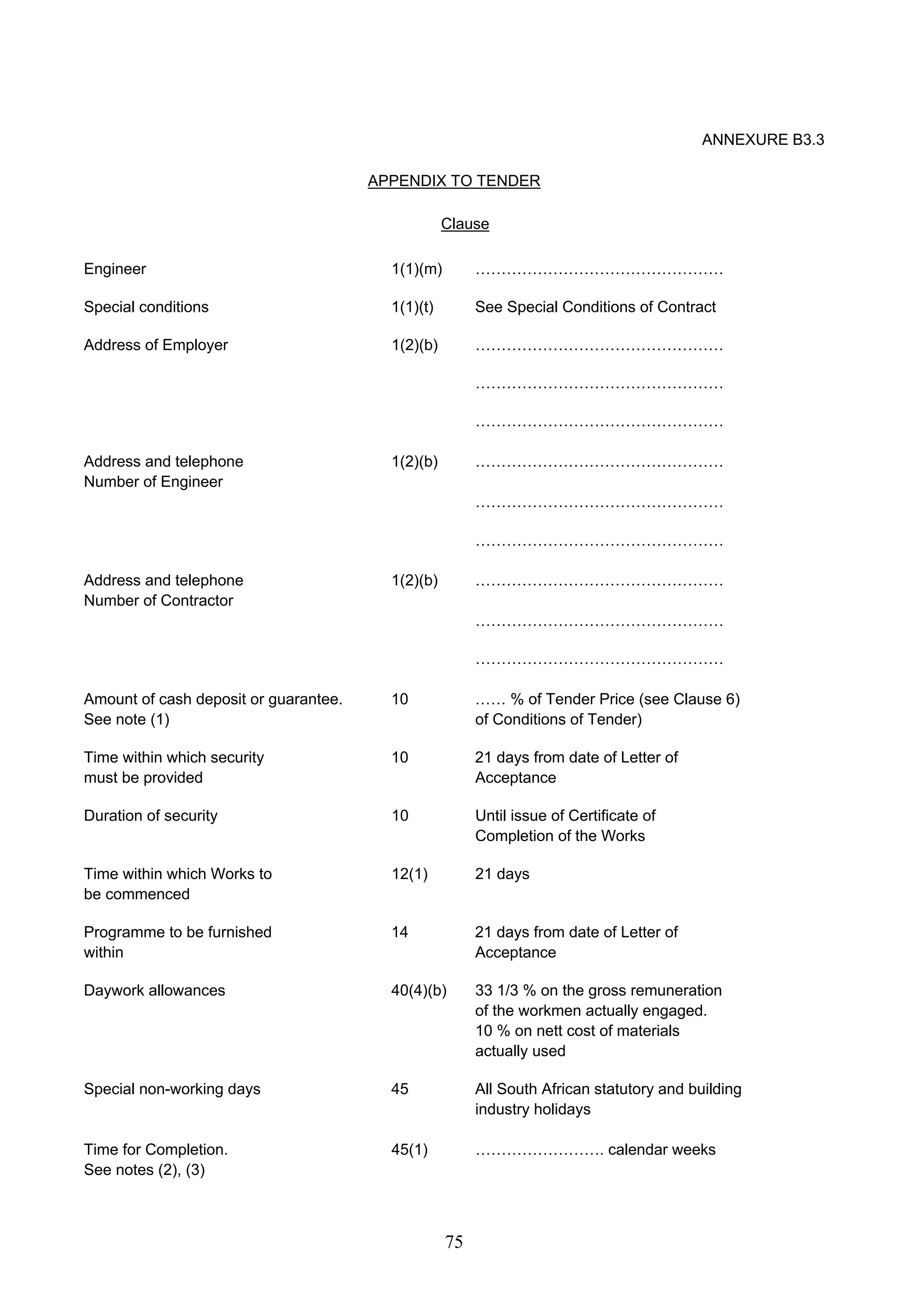 75 
ANNEXURE B3.3 
APPENDIX TO TENDER 
Clause 
Engineer 1(1)(m) ………………………………………… 
Special conditions 1(1)(t) See Special Conditions of Contract 
Address of Employer 1(2)(b) ………………………………………… 
………………………………………… 
………………………………………… 
Address and telephone 1(2)(b) ………………………………………… 
Number of Engineer 
………………………………………… 
………………………………………… 
Address and telephone 1(2)(b) ………………………………………… 
Number of Contractor 
………………………………………… 
………………………………………… 
Amount of cash deposit or guarantee. 10 …… % of Tender Price (see Clause 6) 
See note (1) of Conditions of Tender) 
Time within which security 10 21 days from date of Letter of 
must be provided Acceptance 
Duration of security 10 Until issue of Certificate of 
Completion of the Works 
Time within which Works to 12(1) 21 days 
be commenced 
Programme to be furnished 14 21 days from date of Letter of 
within Acceptance 
Daywork allowances 40(4)(b) 33 1/3 % on the gross remuneration 
of the workmen actually engaged. 
10 % on nett cost of materials 
actually used 
Special non-working days 45 All South African statutory and building 
industry holidays 
Time for Completion. 45(1) ……………………. calendar weeks 
See notes (2), (3) 
 
