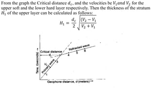 From the graph the Critical distance 𝑑 𝑐, and the velocities be 𝑉1 𝑎𝑛𝑑 𝑉2 for the
upper soft and the lower hard layer respectively. Then the thickness of the stratum
𝐻1 of the upper layer can be calculated as follows:
𝐻1 =
𝑑 𝑐
2
(𝑉2 − 𝑉1
𝑉2 + 𝑉1
 